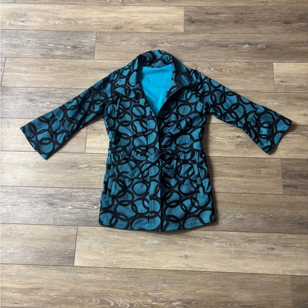 Samuel Dong Jacket Sz XXS Aqua Blue Black Swirl 3/4 Sleeve Belt Artsy Pockets